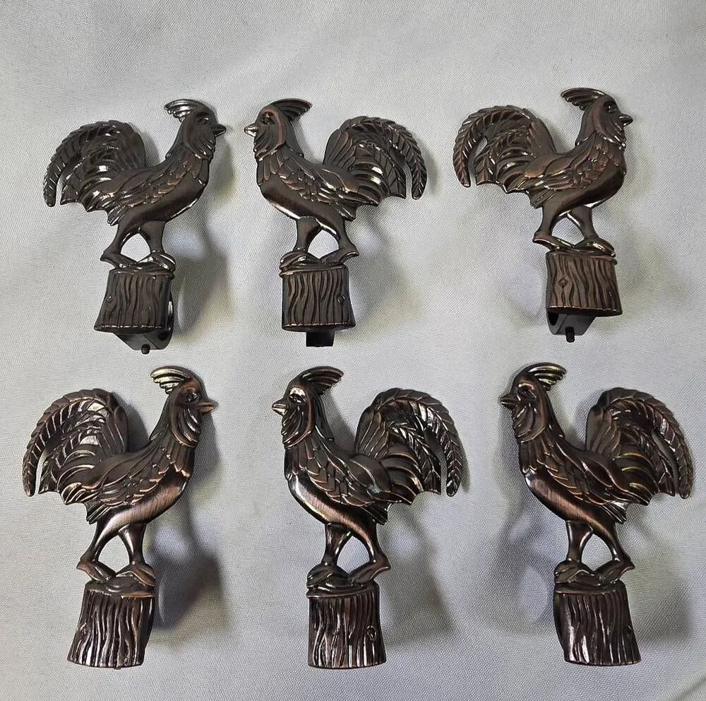 Vintage Kirsch Waverly Rooster Curtain Rod Finials Rosettes - Bronze Finish - Se